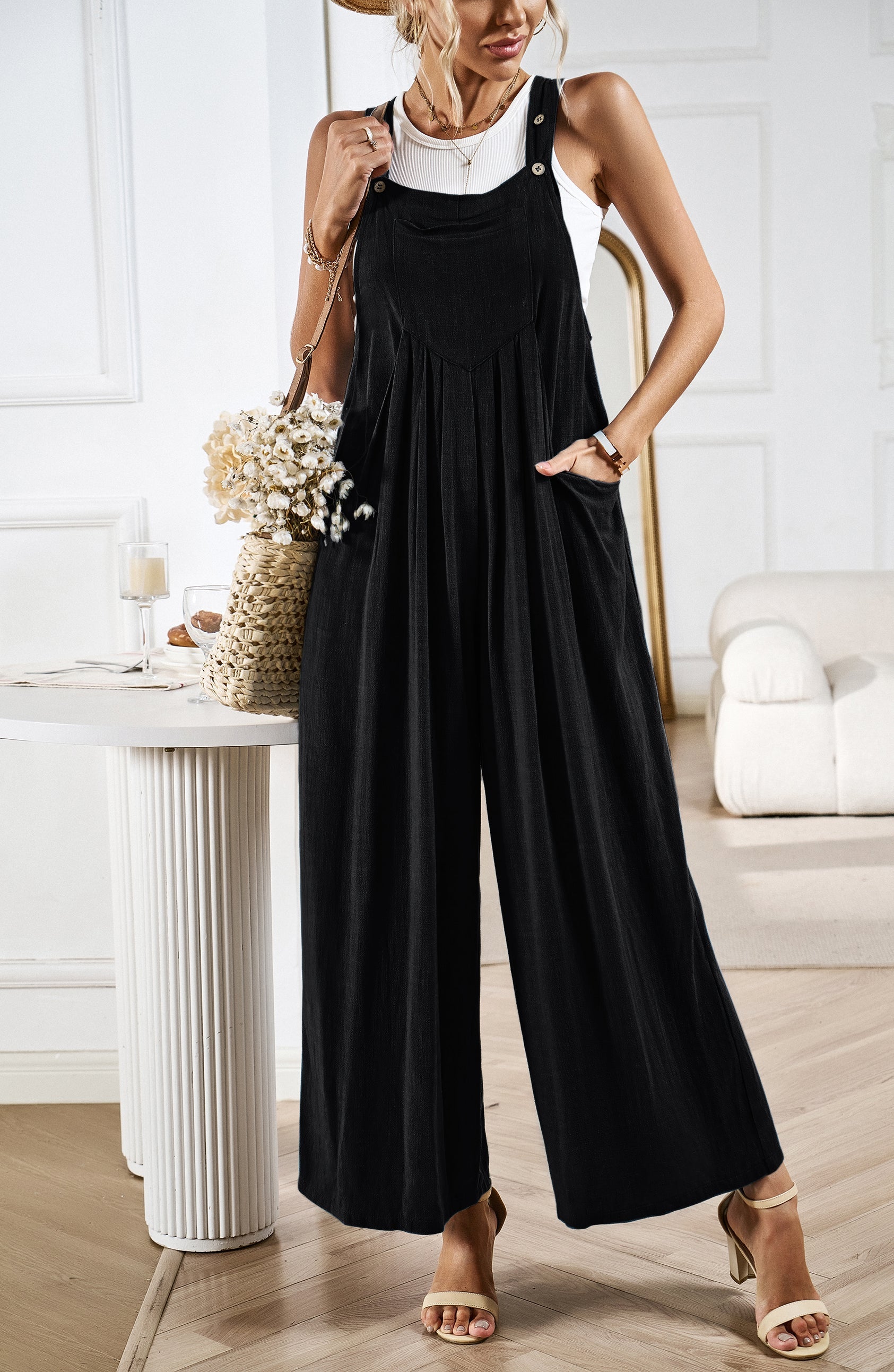 Zwarte Jumpsuit Dames Viscose Met Brede Pijpen 9