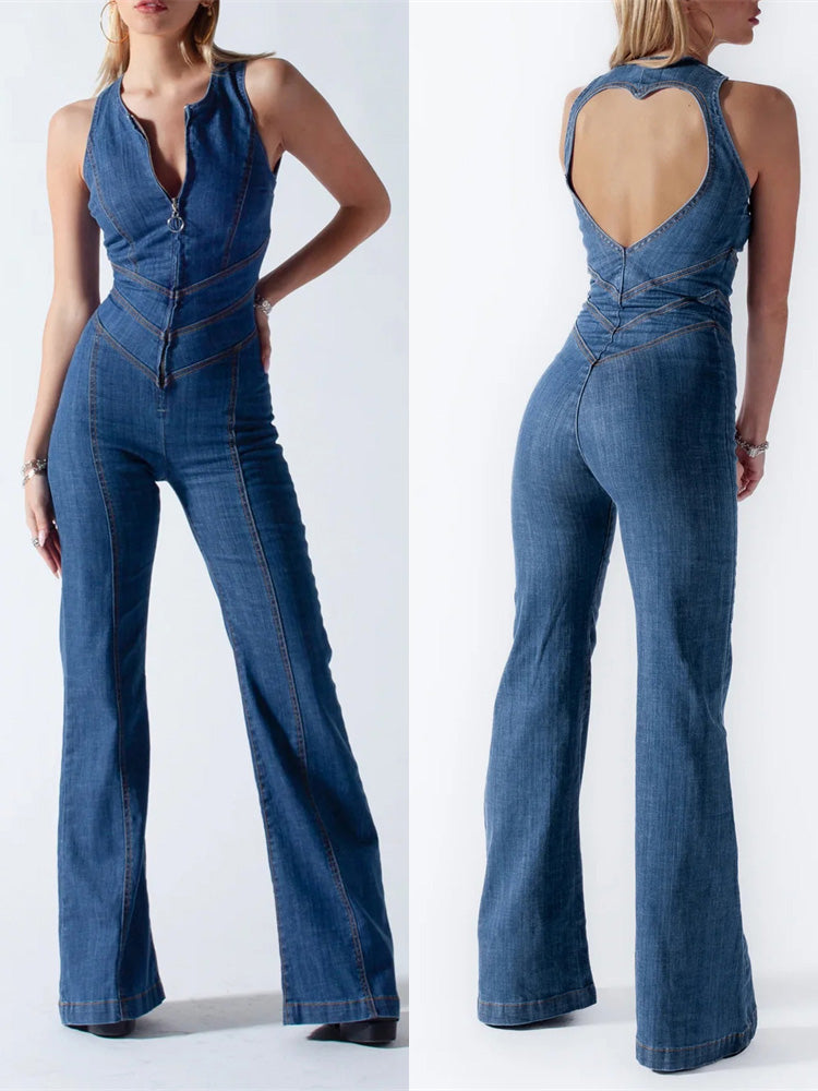 Amalia Denim Jumpsuit Met Open Rug Voor Vrouwen Met Elegante Zomerstijl En Flatterende Pasvorm