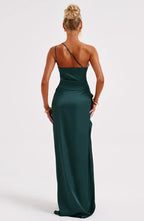 Jurk Satijnen One Shoulder Met Hoge Split En Drapeering