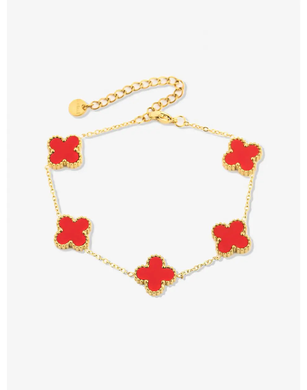 Vijfbladig Klavertje Vier Armband van Roestvrij Staal in Zwart, Pareltje en Rood - Symboliseer Geluk en Positiviteit met een Elegant, Aanpasbaar Sieraad