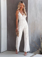 Audriana Zomerse Kanten Jumpsuit voor Dames met Diepe V-hals en Luxe Katoen Polyester Mix