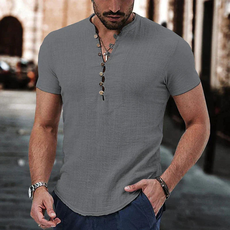 Henley Shirt Heren Katoen Linnen Mix Slim Fit Korte Mouw