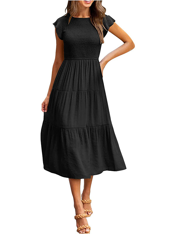 Dames Smocked Ruffle Vlinder Mouw A-Lijn Midi Jurk