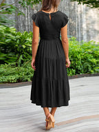 Dames Smocked Ruffle Vlinder Mouw A-Lijn Midi Jurk