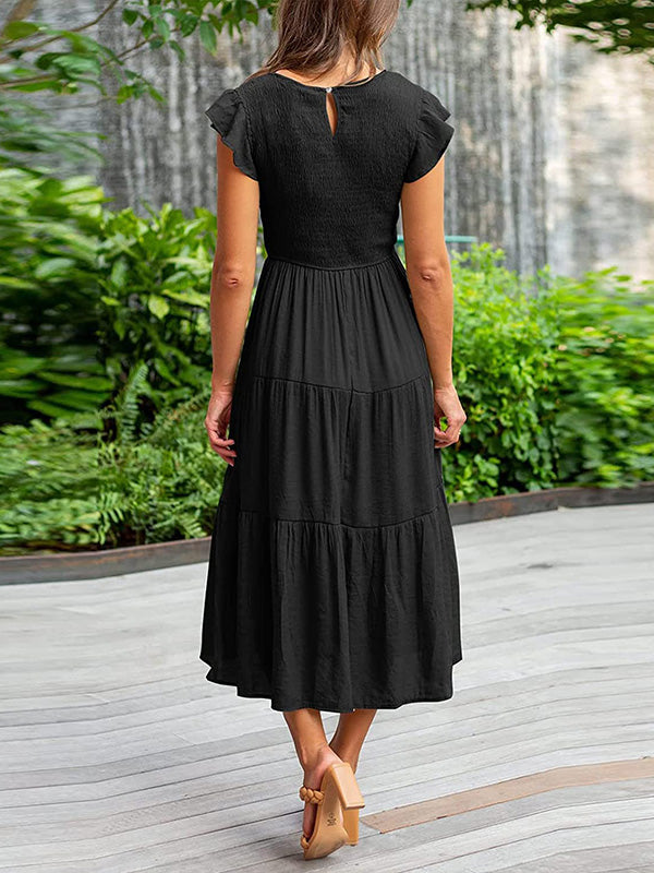 Dames Smocked Ruffle Vlinder Mouw A-Lijn Midi Jurk