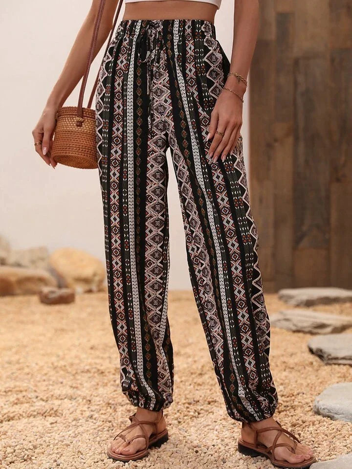 Dames Harem Broeken Bohemian Olifantenprint Loose Fit Elastische Taille Ademend Katoen