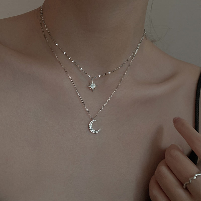 Dubbele Maan Halsketting Licht Zilver in Beperkte Oplage Van 925 Sterling Zilveren Dubbele Halsketting Maan Licht Zilver voor Romantieke en Elegante Stijlen
