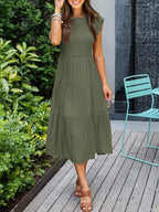 Dames Smocked Ruffle Vlinder Mouw A-Lijn Midi Jurk