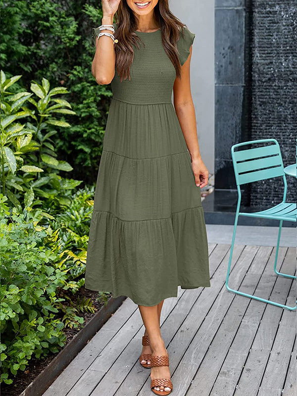 Dames Smocked Ruffle Vlinder Mouw A-Lijn Midi Jurk