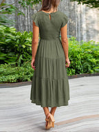 Dames Smocked Ruffle Vlinder Mouw A-Lijn Midi Jurk