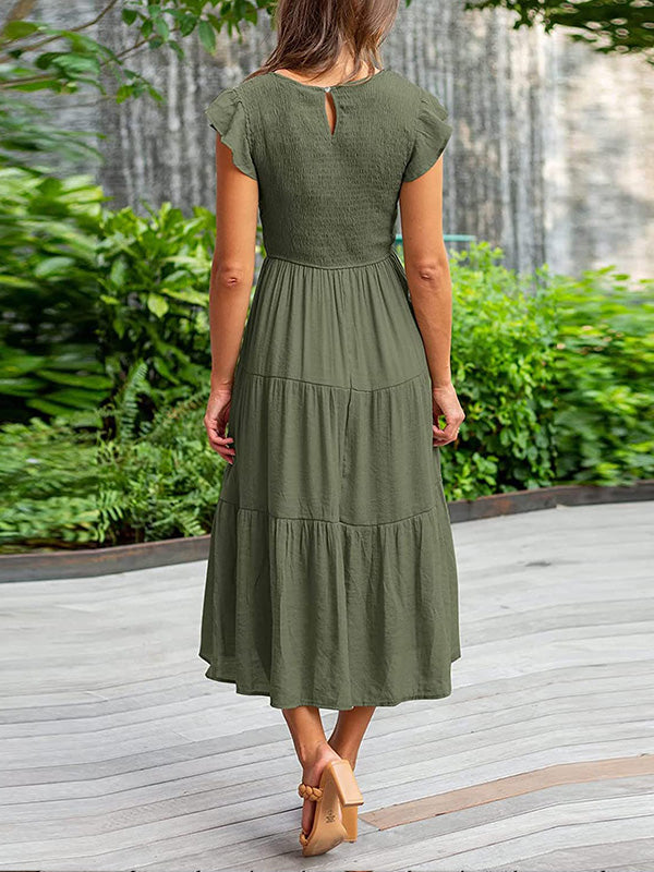 Dames Smocked Ruffle Vlinder Mouw A-Lijn Midi Jurk