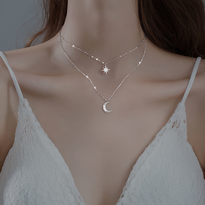 Dubbele Maan Halsketting Licht Zilver in Beperkte Oplage Van 925 Sterling Zilveren Dubbele Halsketting Maan Licht Zilver voor Romantieke en Elegante Stijlen