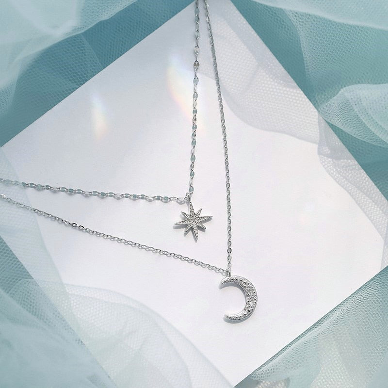 Dubbele Maan Halsketting Licht Zilver in Beperkte Oplage Van 925 Sterling Zilveren Dubbele Halsketting Maan Licht Zilver voor Romantieke en Elegante Stijlen