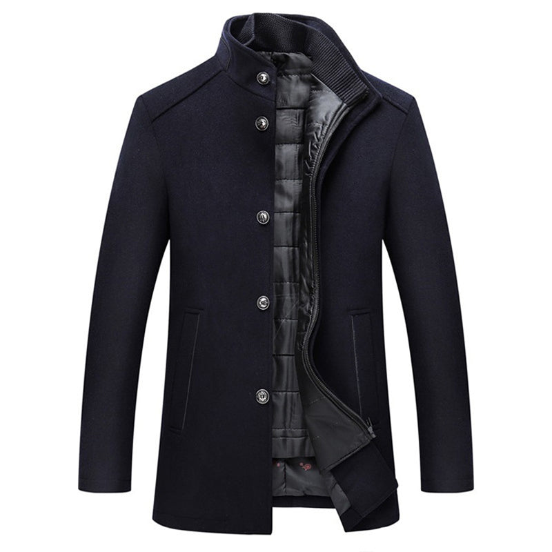 Lange Mouwen Winter Overjas Heren Donker Blauw Warme Knopen