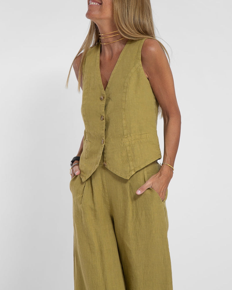 Elegante 2-Delige Set Linnen Wijde Broek En Vest Voor Dames