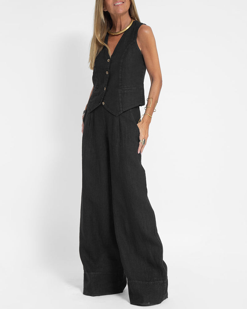 Elegante 2-Delige Set Linnen Wijde Broek En Vest Voor Dames