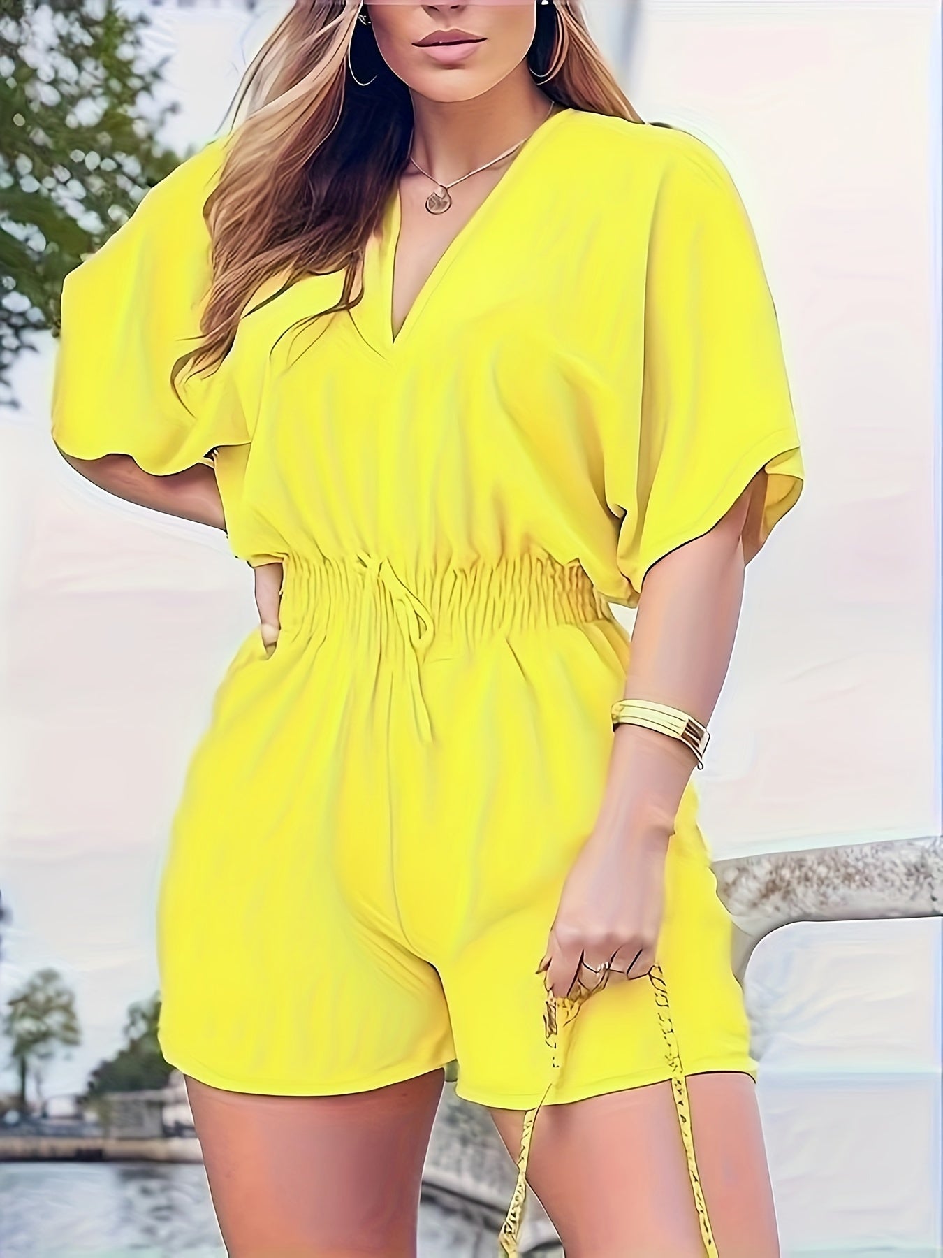 V-hals Korte Mouwen Romper Geplooide Taille Jumpsuit voor Dames Lente en Zomer Mode