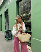 Dames Rieten Tote Tas – Geborduurde Bloemen – Ruim – Open Top – Stevige Handvatten