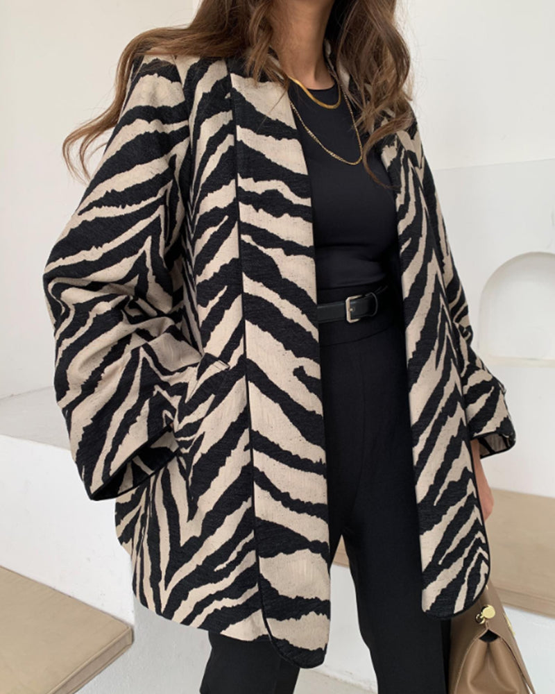 Dames Elegante Jas Met Zebraprint Katoenmix Lange Mouw Los - Tussenjas