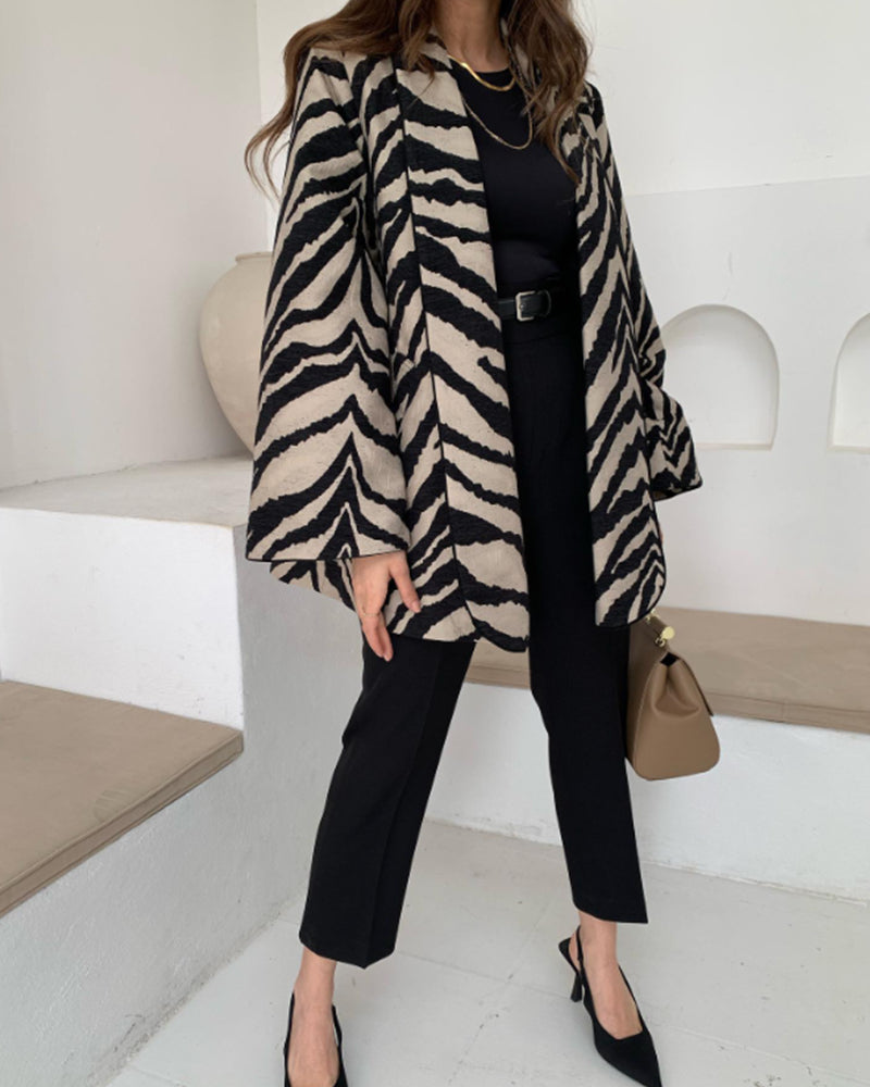 Dames Elegante Jas Met Zebraprint Katoenmix Lange Mouw Los - Tussenjas
