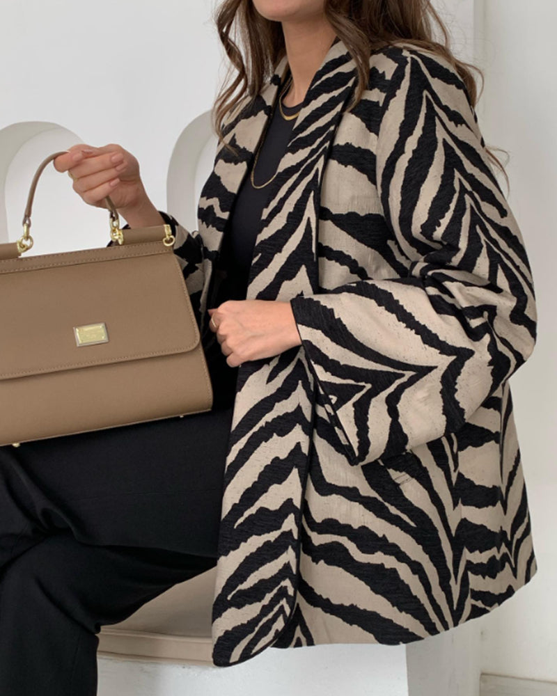 Dames Elegante Jas Met Zebraprint Katoenmix Lange Mouw Los - Tussenjas