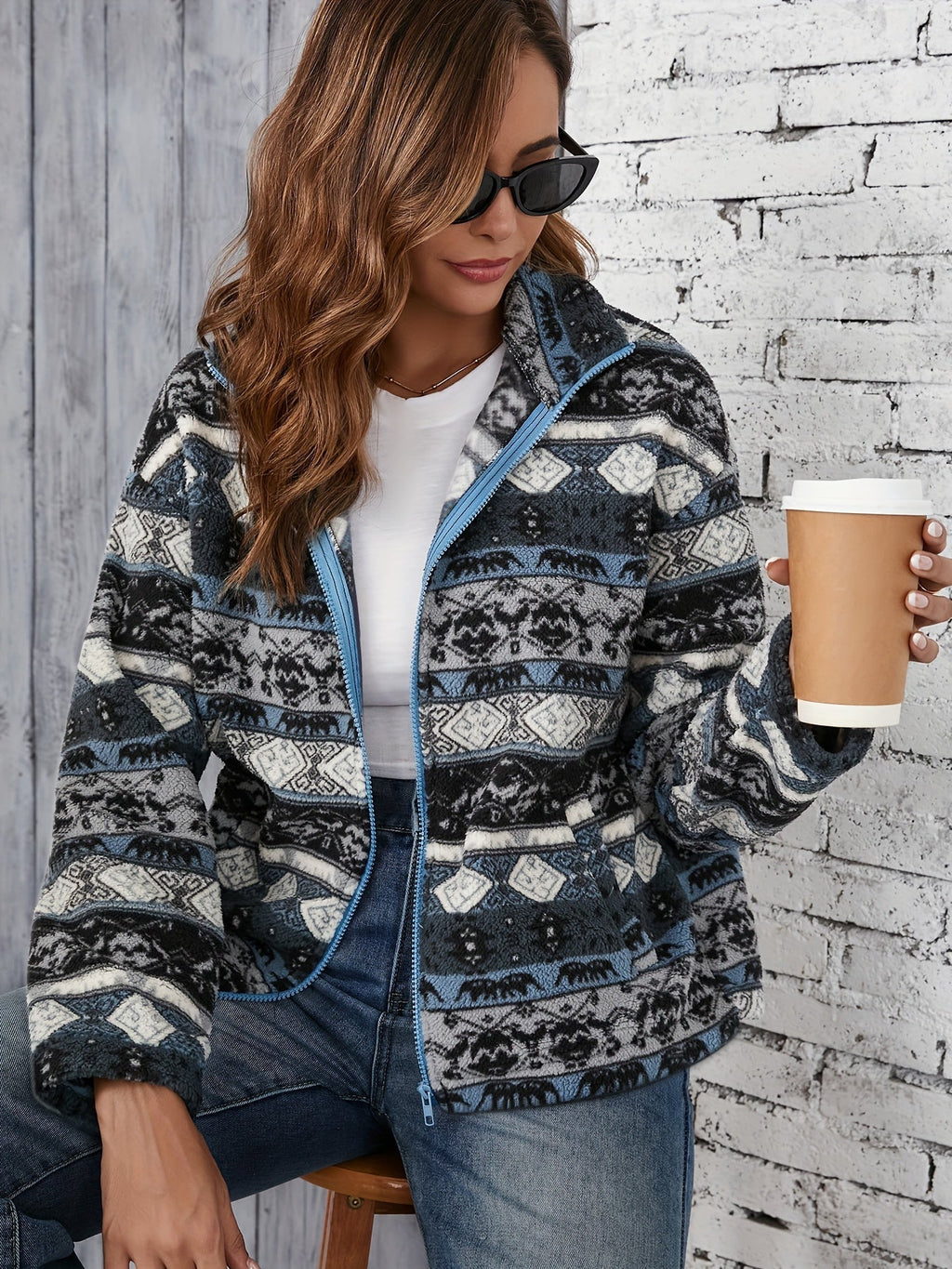Dames Fleece Jack met Tribal Print Ritssluiting Reverskraag - Tussenjas