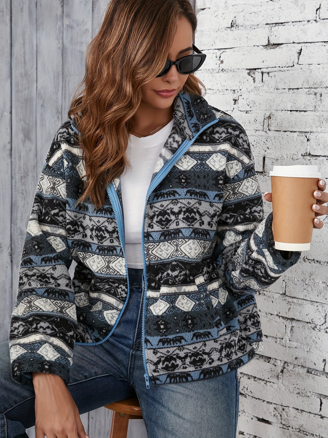 Dames Fleece Jack met Tribal Print Ritssluiting Reverskraag - Tussenjas