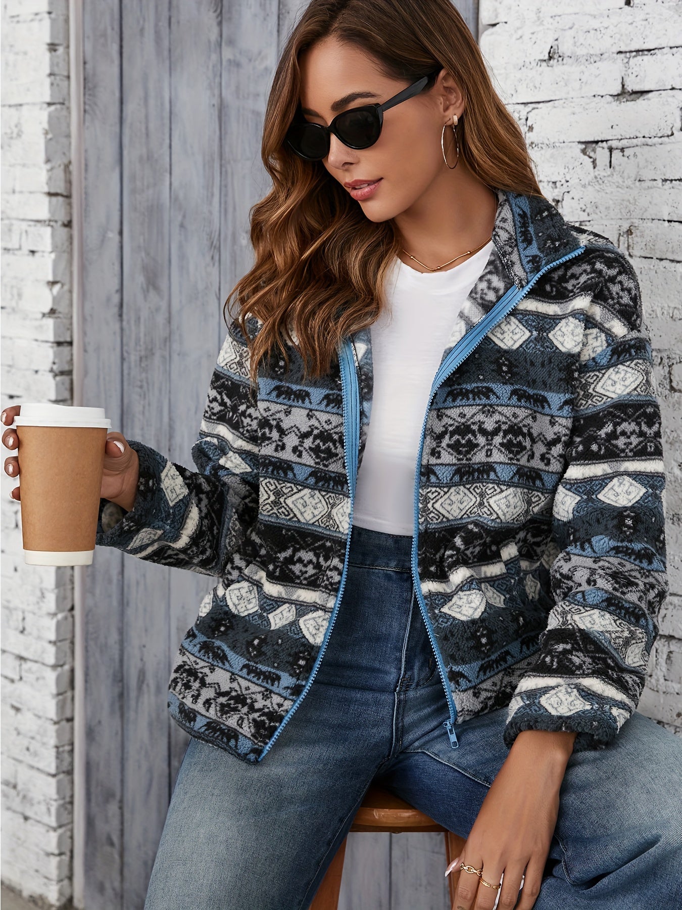 Dames Fleece Jack met Tribal Print Ritssluiting Reverskraag - Tussenjas