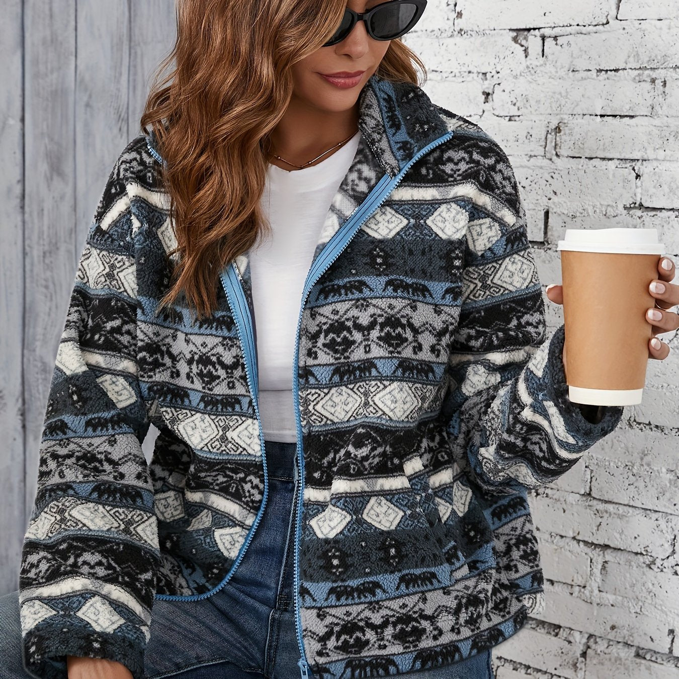 Dames Fleece Jack met Tribal Print Ritssluiting Reverskraag - Tussenjas