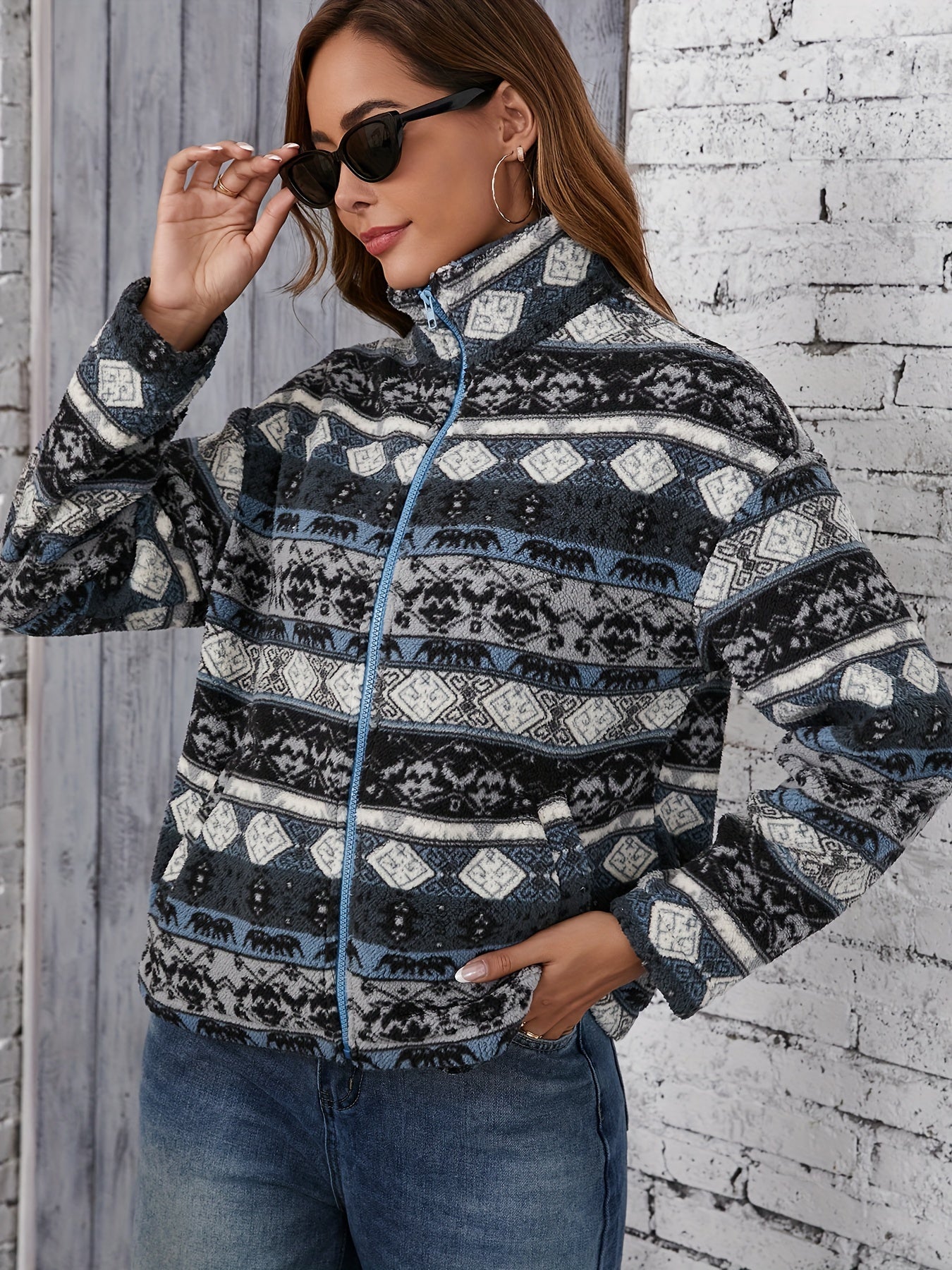 Dames Fleece Jack met Tribal Print Ritssluiting Reverskraag - Tussenjas