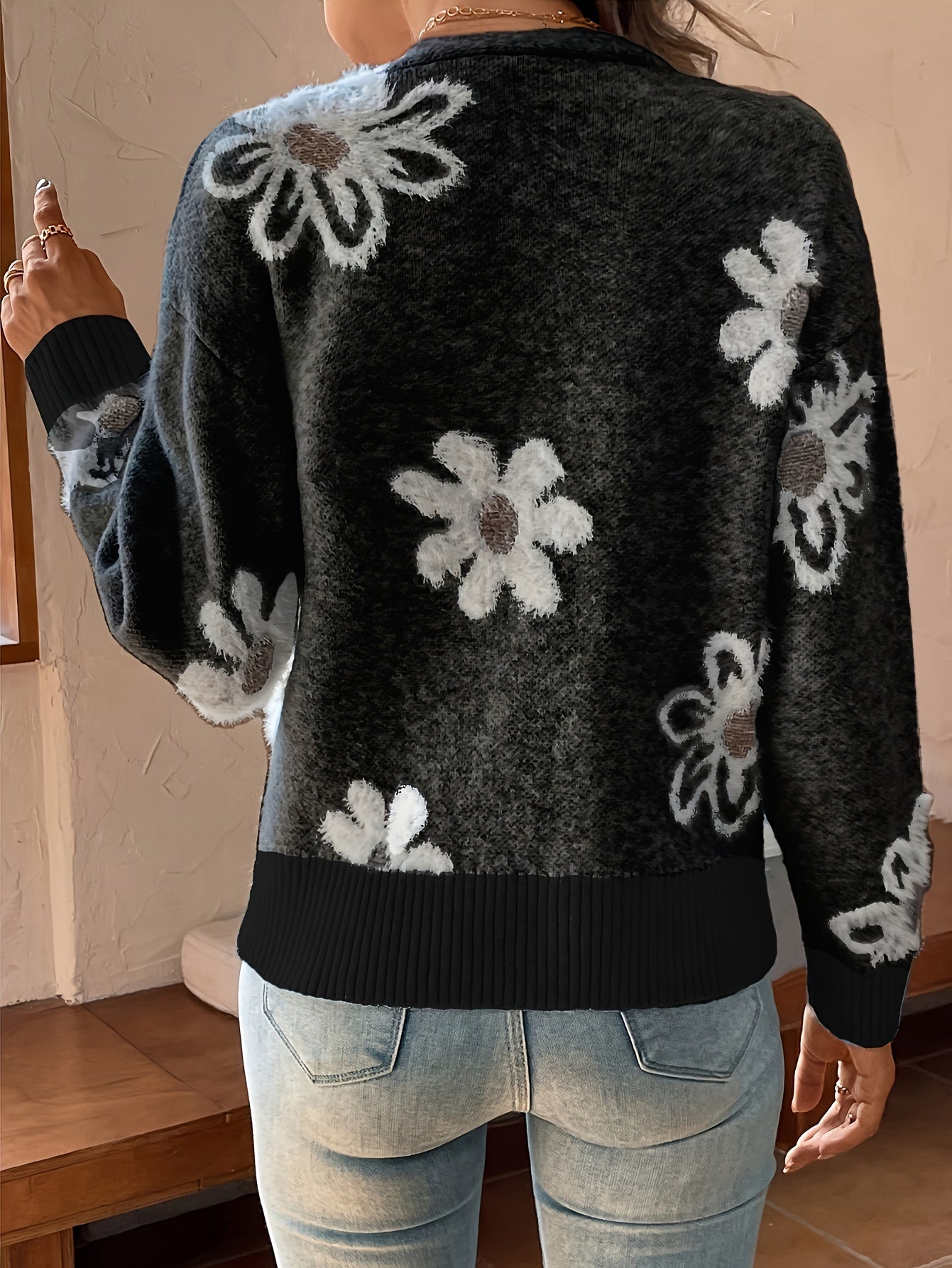 Bloemenpatroon Cardigan Trui Katoenmix Licht Elastisch