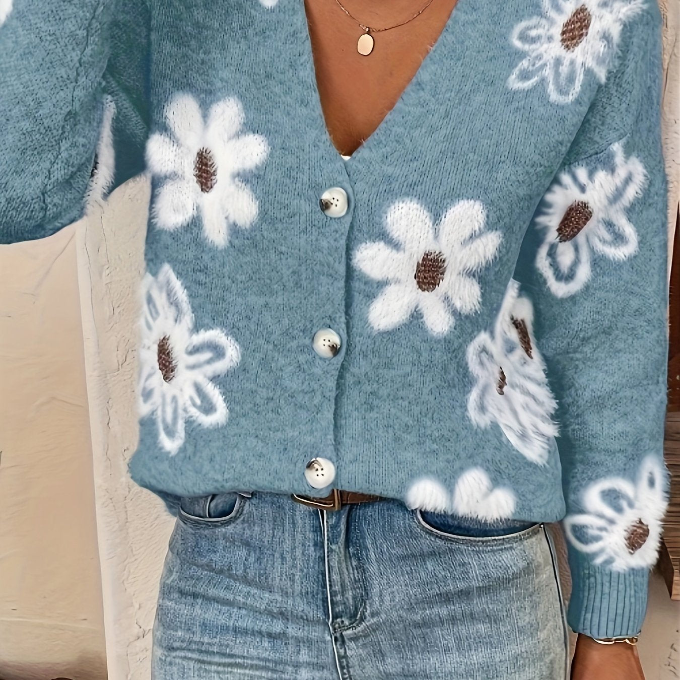 Bloemenpatroon Cardigan Trui Katoenmix Licht Elastisch