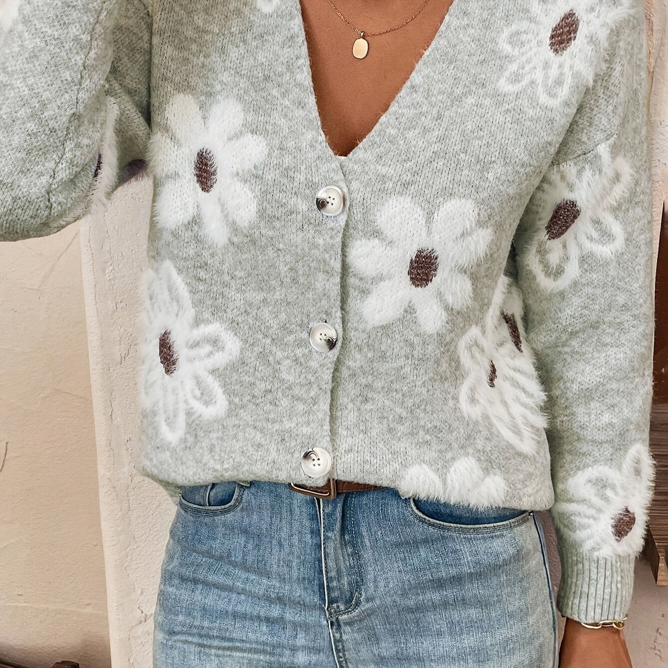 Bloemenpatroon Cardigan Trui Katoenmix Licht Elastisch