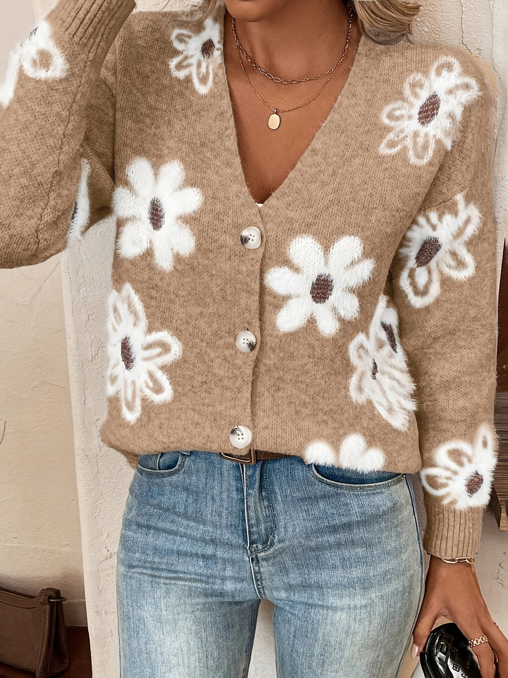 Bloemenpatroon Cardigan Trui Katoenmix Licht Elastisch