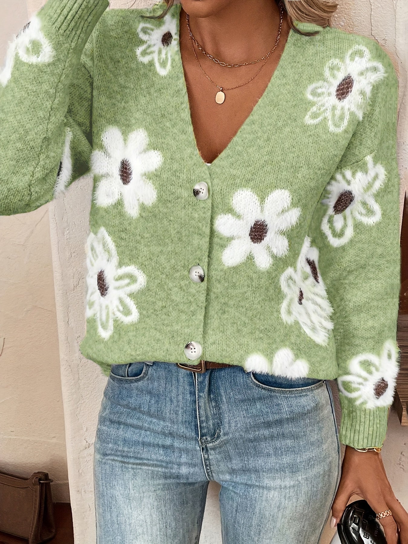 Bloemenpatroon Cardigan Trui Katoenmix Licht Elastisch