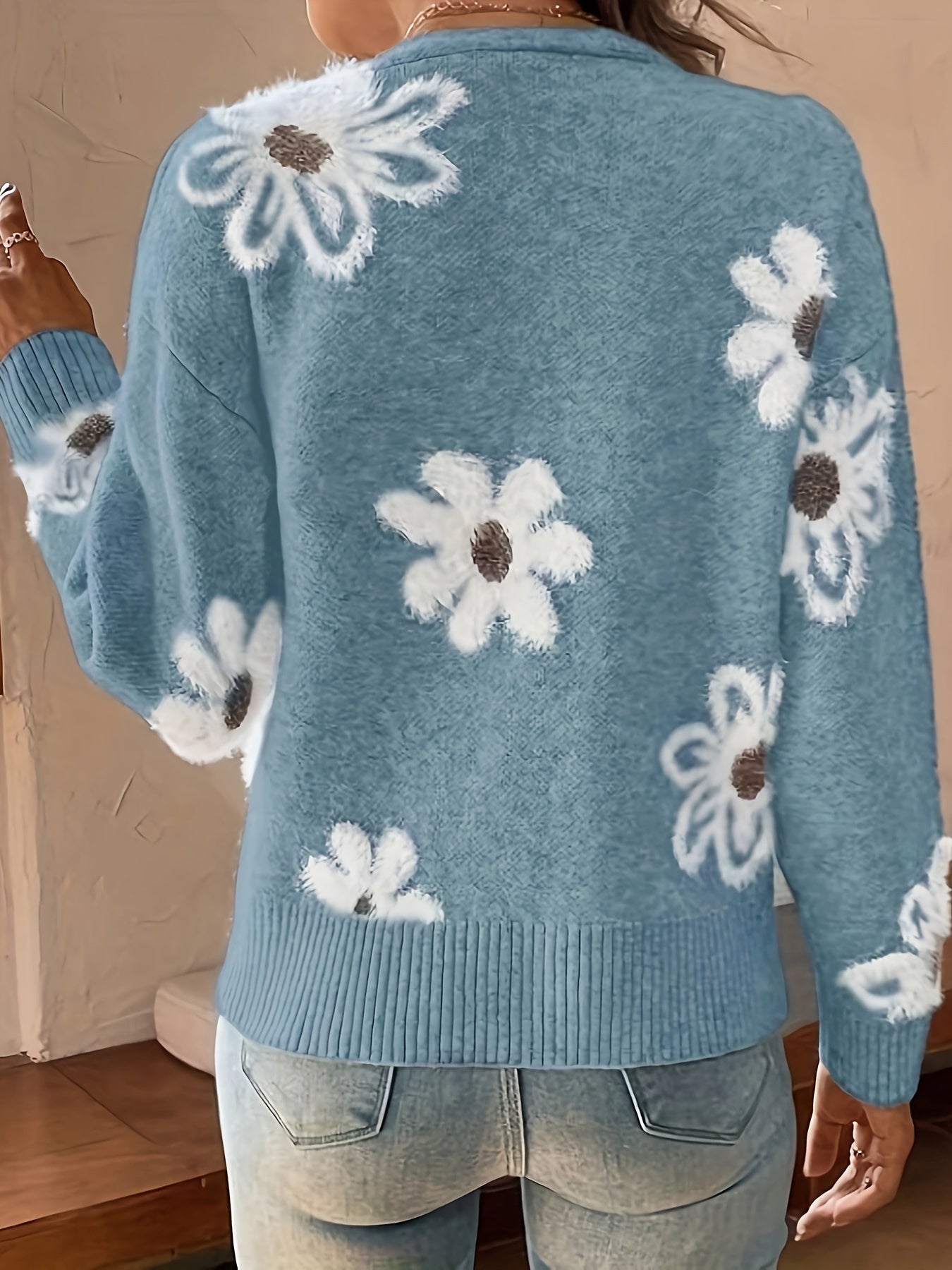 Bloemenpatroon Cardigan Trui Katoenmix Licht Elastisch