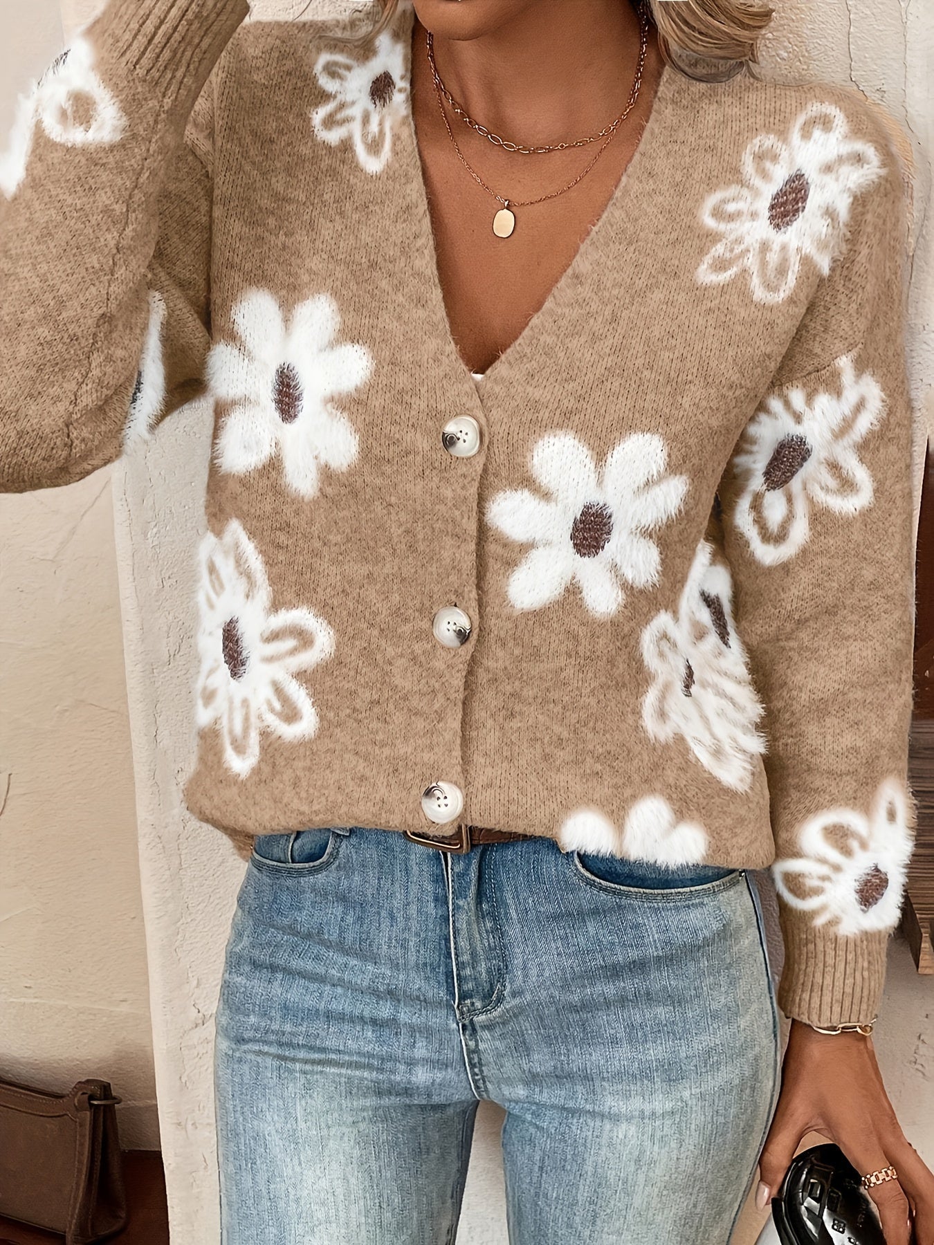 Bloemenpatroon Cardigan Trui Katoenmix Licht Elastisch