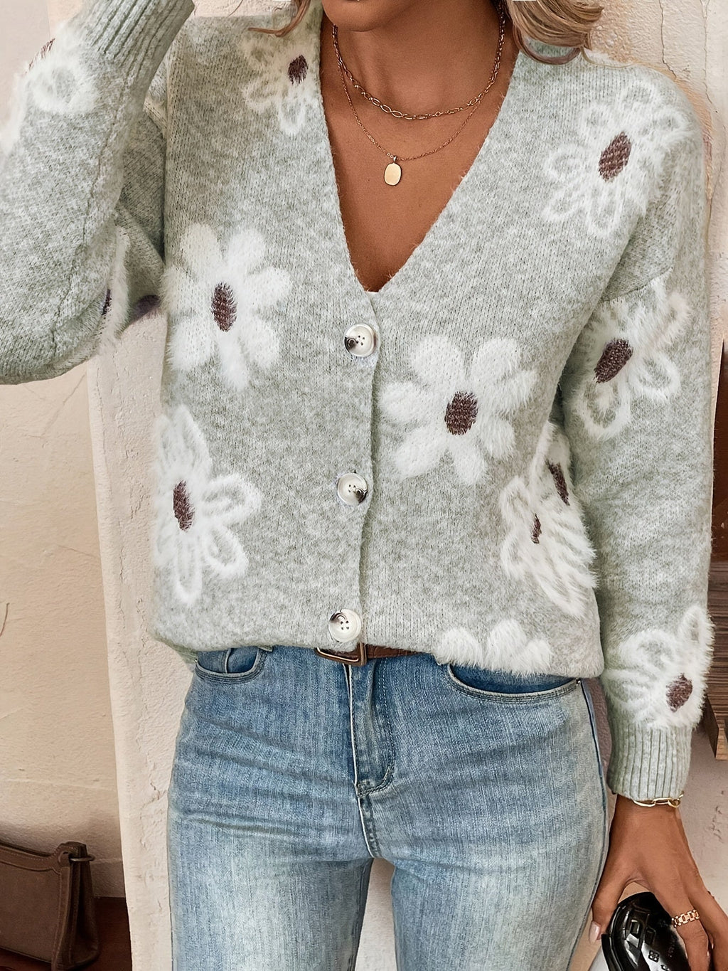 Bloemenpatroon Cardigan Trui Katoenmix Licht Elastisch