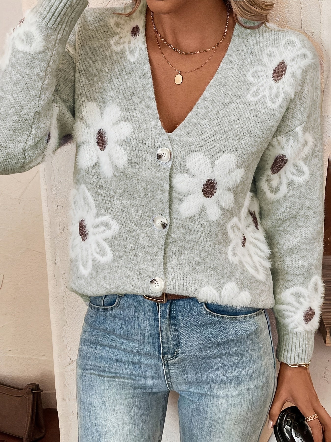 Bloemenpatroon Cardigan Trui Katoenmix Licht Elastisch