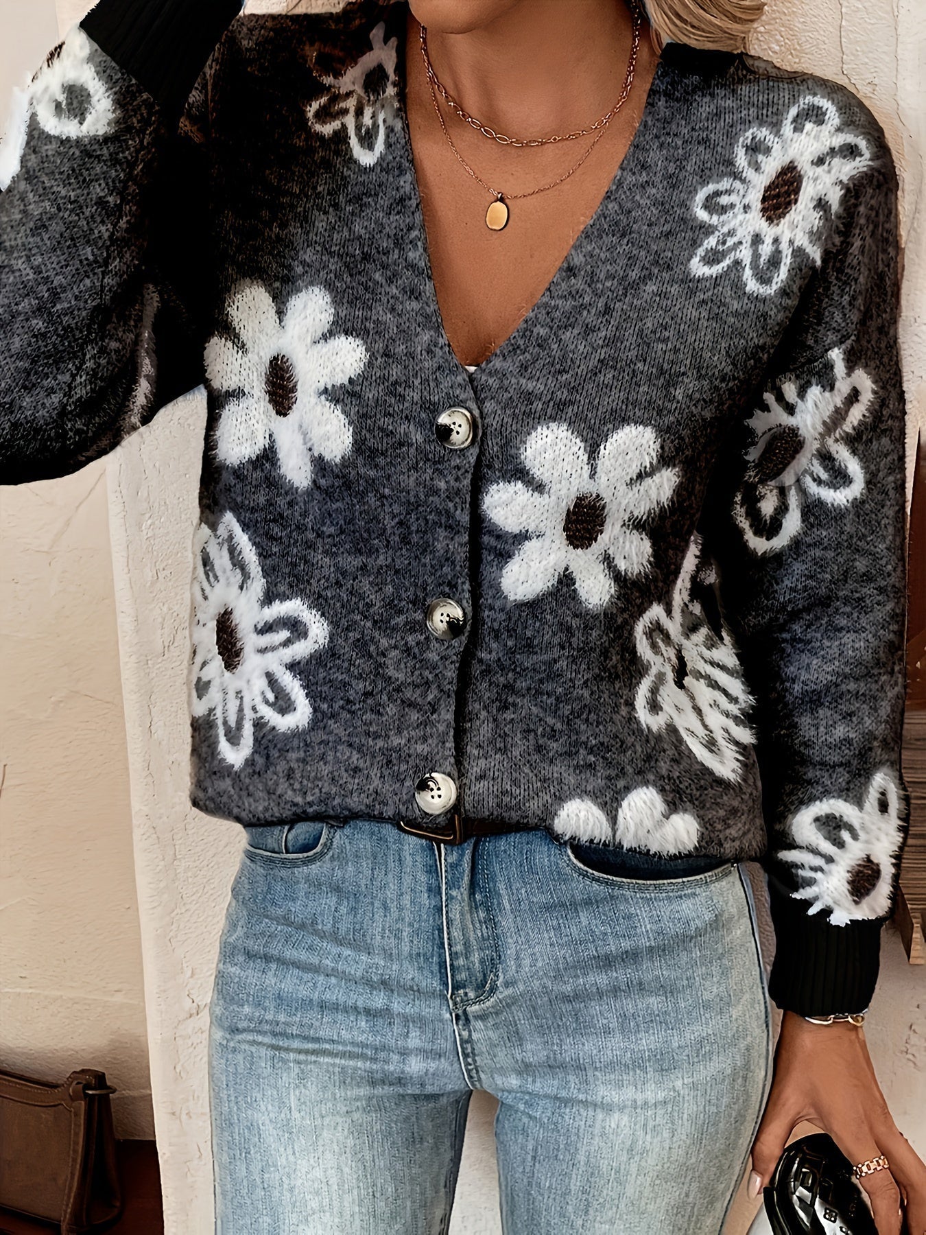 Bloemenpatroon Cardigan Trui Katoenmix Licht Elastisch