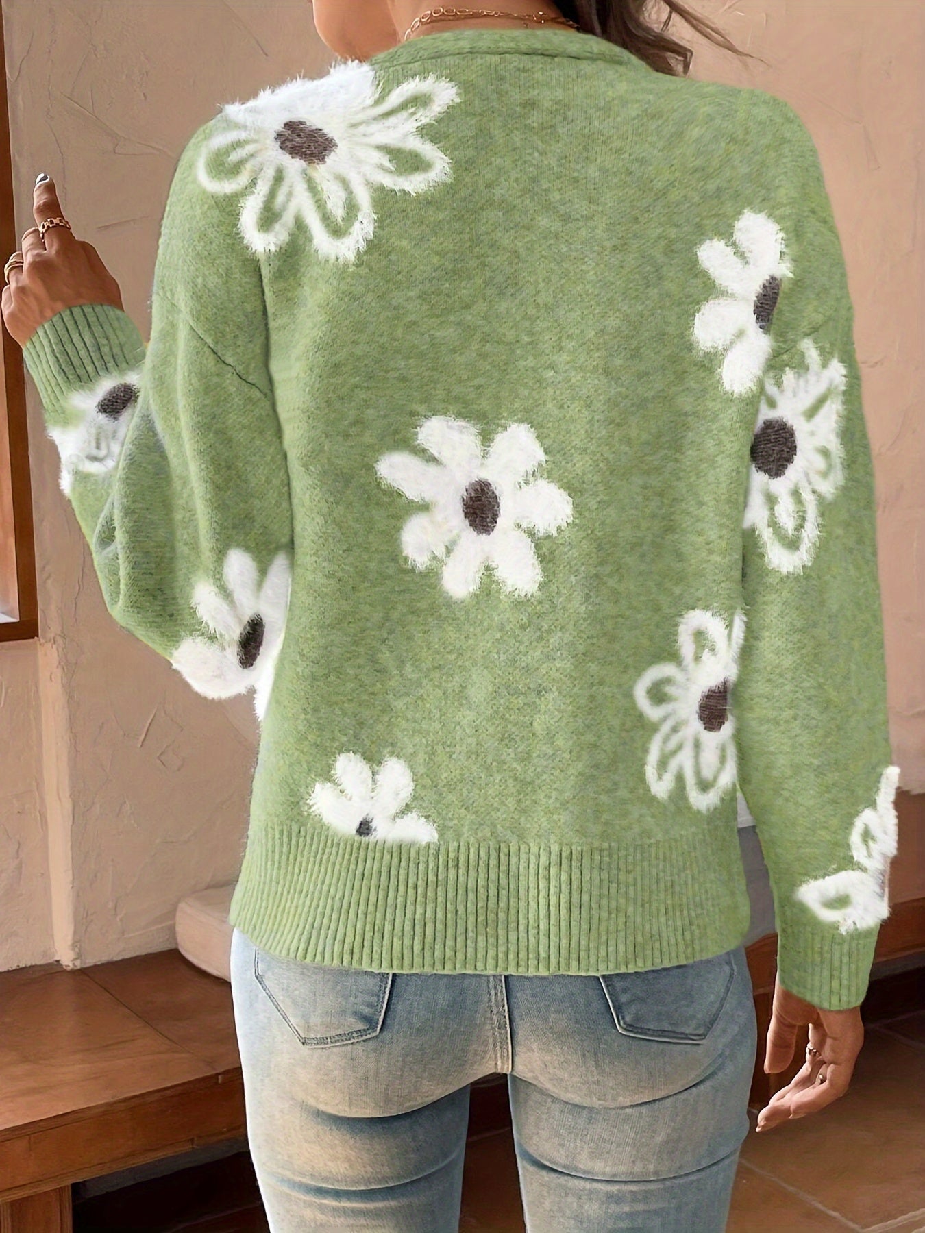 Bloemenpatroon Cardigan Trui Katoenmix Licht Elastisch