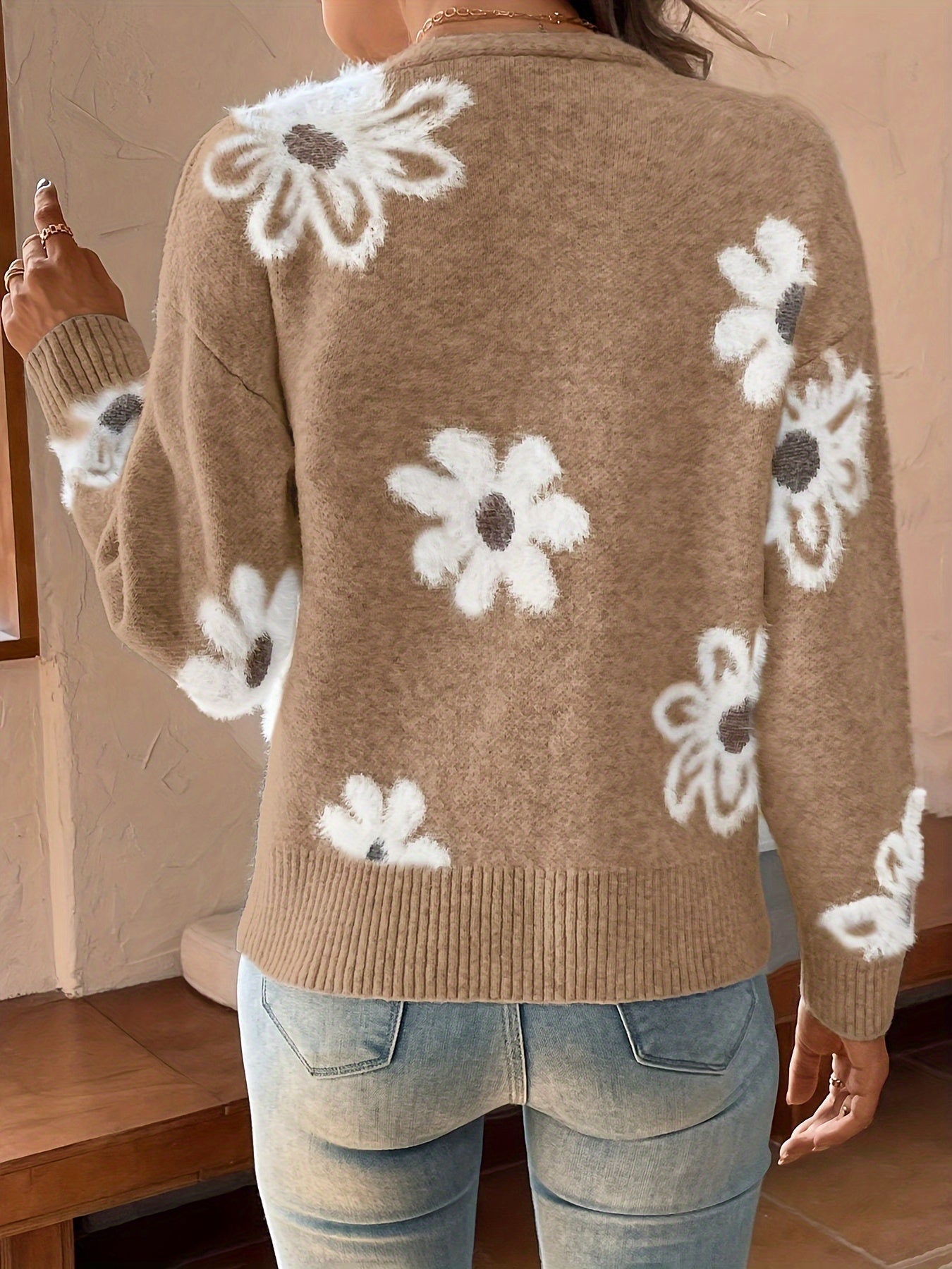 Bloemenpatroon Cardigan Trui Katoenmix Licht Elastisch