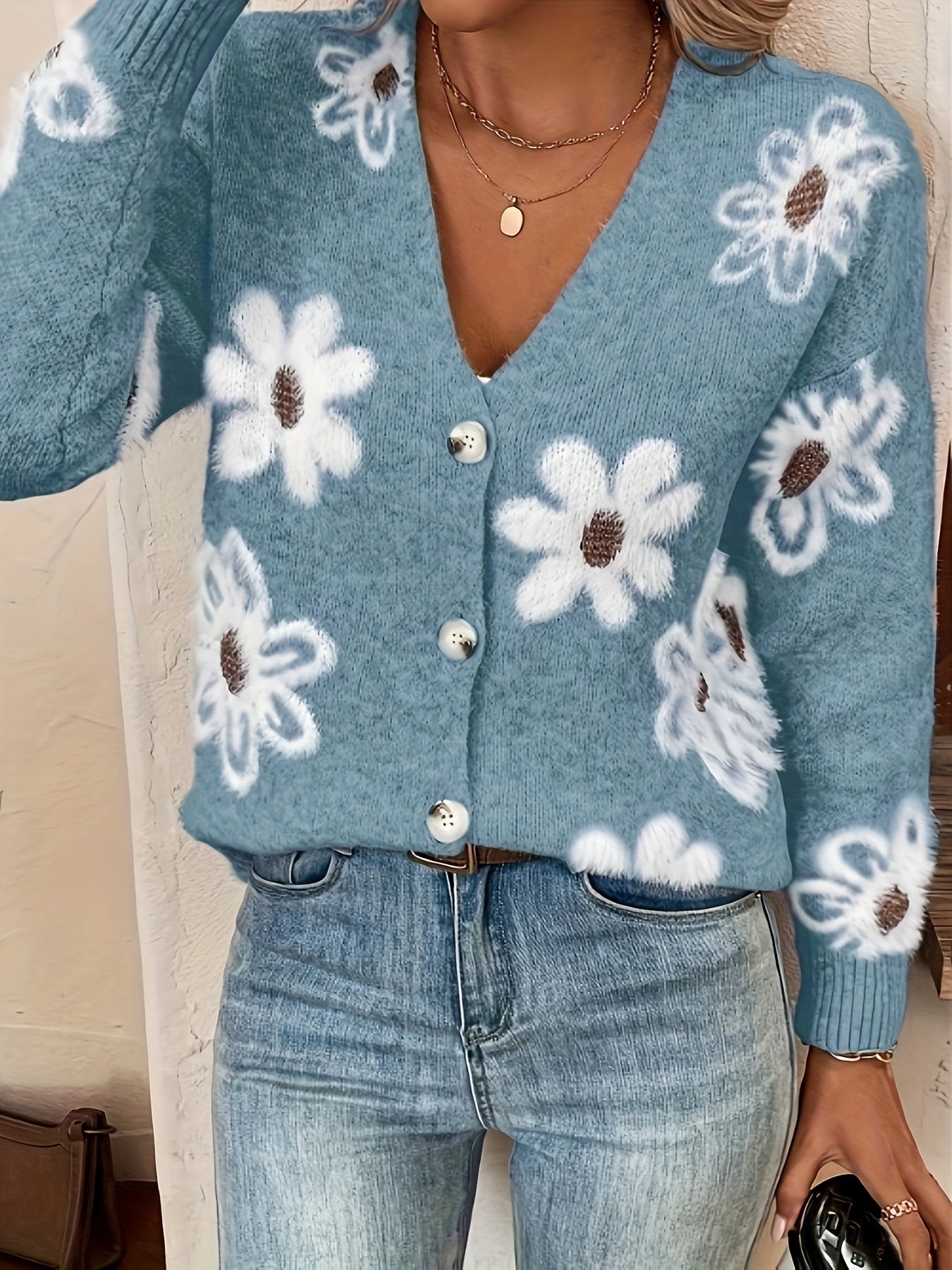Bloemenpatroon Cardigan Trui Katoenmix Licht Elastisch