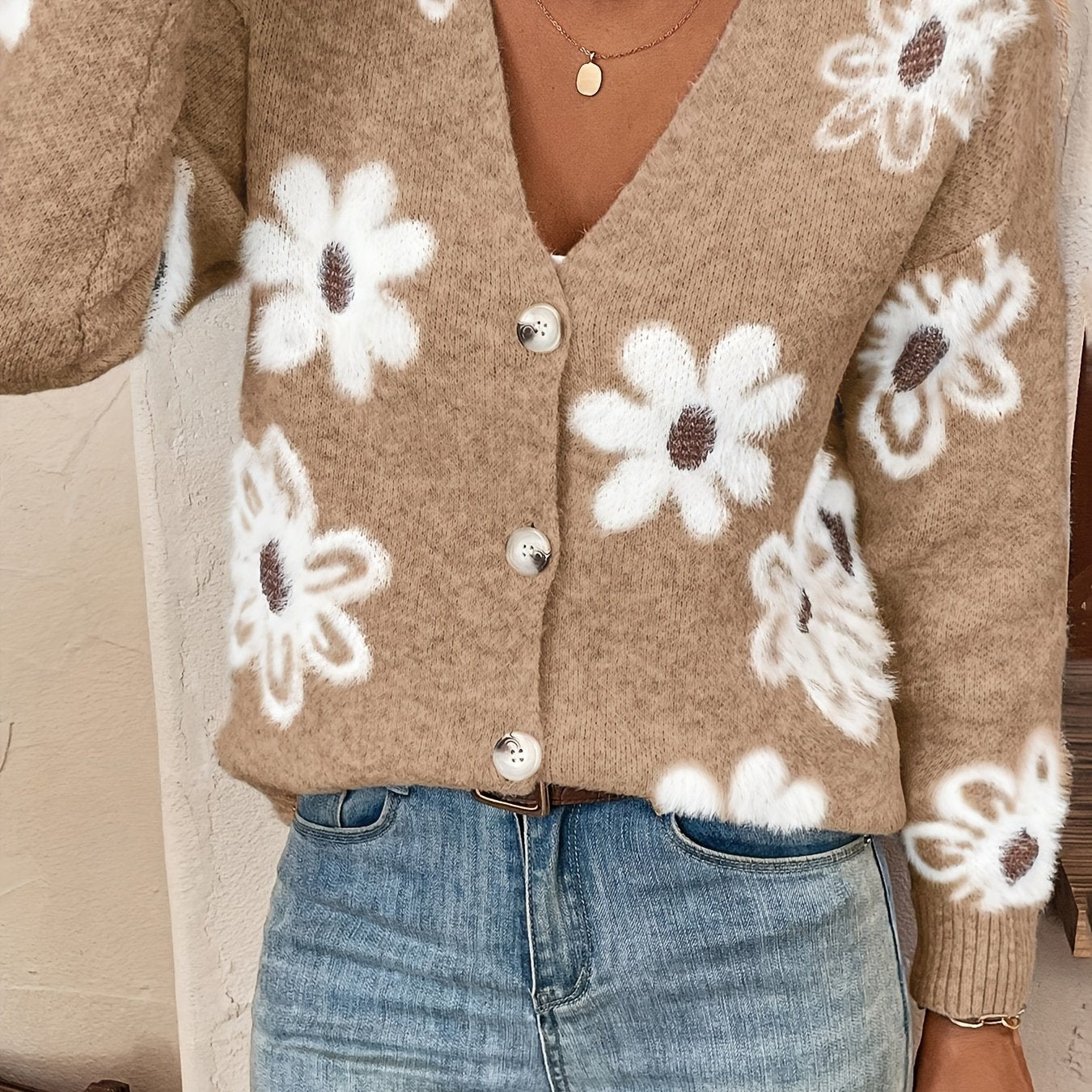 Bloemenpatroon Cardigan Trui Katoenmix Licht Elastisch