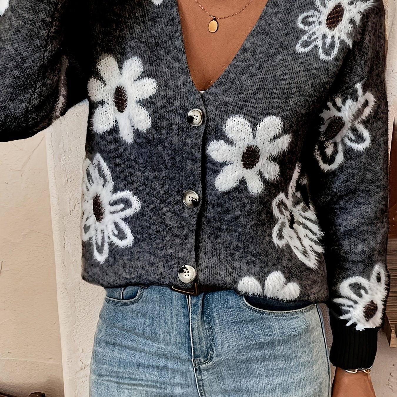 Bloemenpatroon Cardigan Trui Katoenmix Licht Elastisch