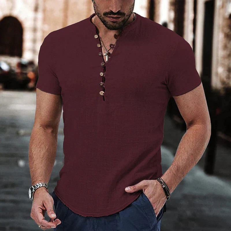 Henley Shirt Heren Katoen Linnen Mix Slim Fit Korte Mouw