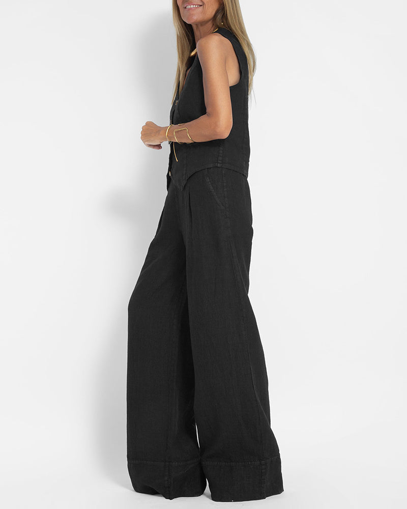Elegante 2-Delige Set Linnen Wijde Broek En Vest Voor Dames