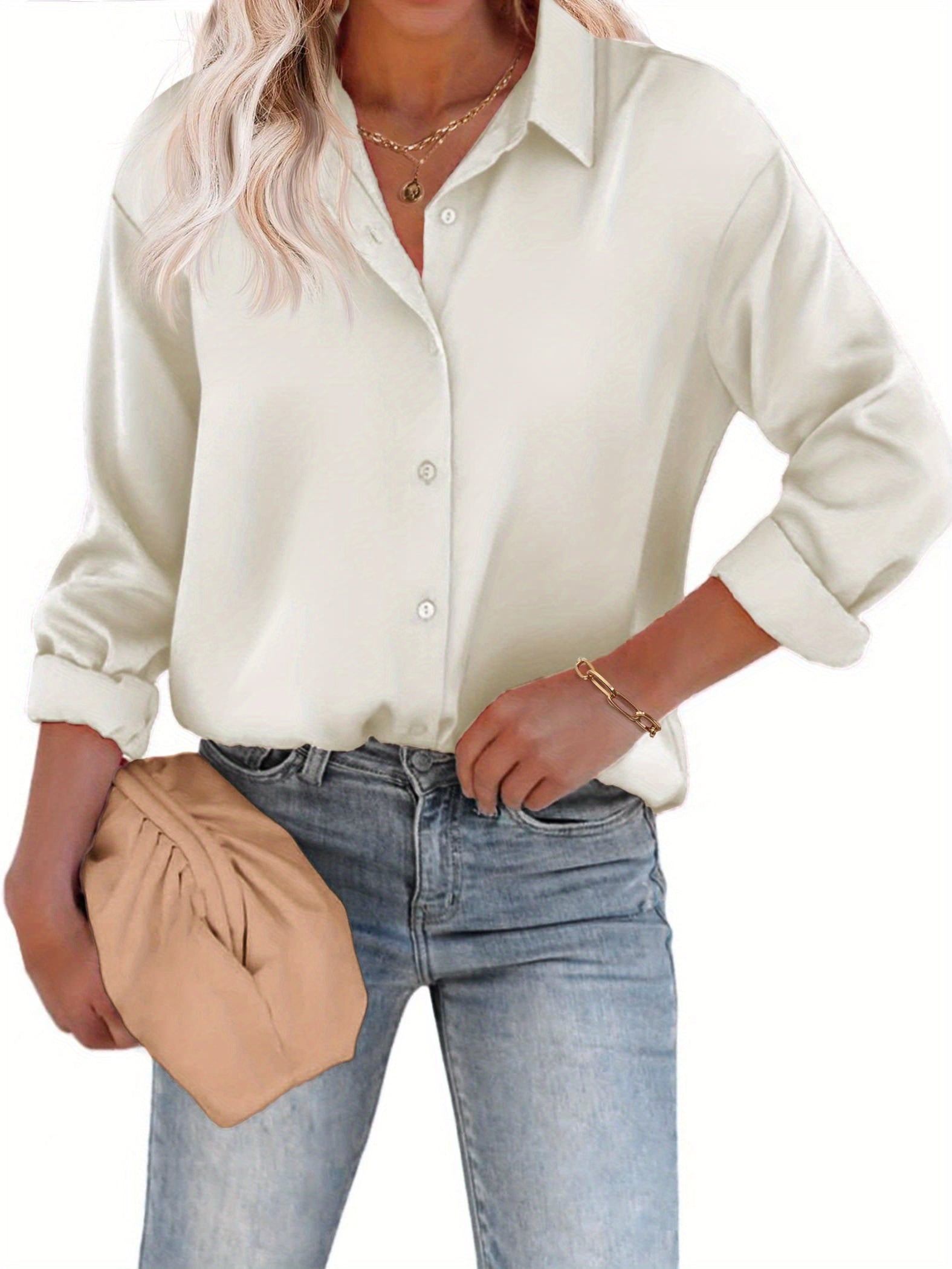 Satijnen Blouse Met Knoopsluiting En Lange Mouwen Elegante