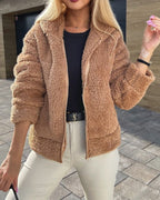 DamesFluffy Fleece Vest Teddy Kasjmier Rits Lange Mouw - Tussenjas