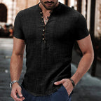 Henley Shirt Heren Katoen Linnen Mix Slim Fit Korte Mouw